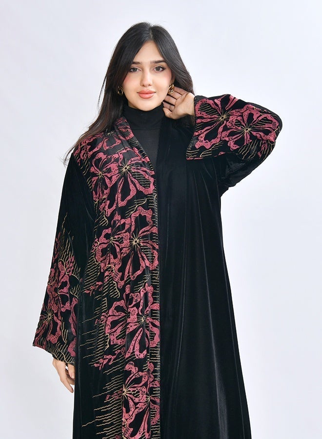 HAWRAA ABAYA Abaya crafted from soft black velvet fabric, featuring an elegant floral print in shades of red with subtle golden accents - Image 2